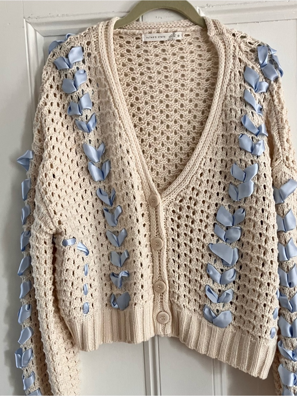 Altar’D State Cream Crochet Cardigan Woven Baby Blue Satin Ribbon Sweater Medium